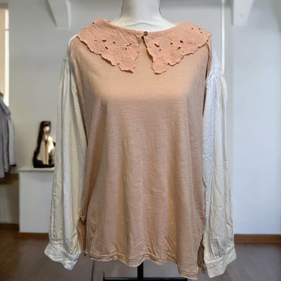 Free People Blush Pink Lace Collar‎ White Puff Sleeve Loose Fit Top Size Small - Picture 1 of 10